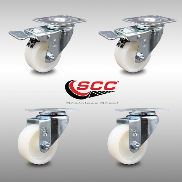 3 Inch SS Nylon Wheel Swivel Top Plate Caster Total Lock Brakes SCC, 2PK
